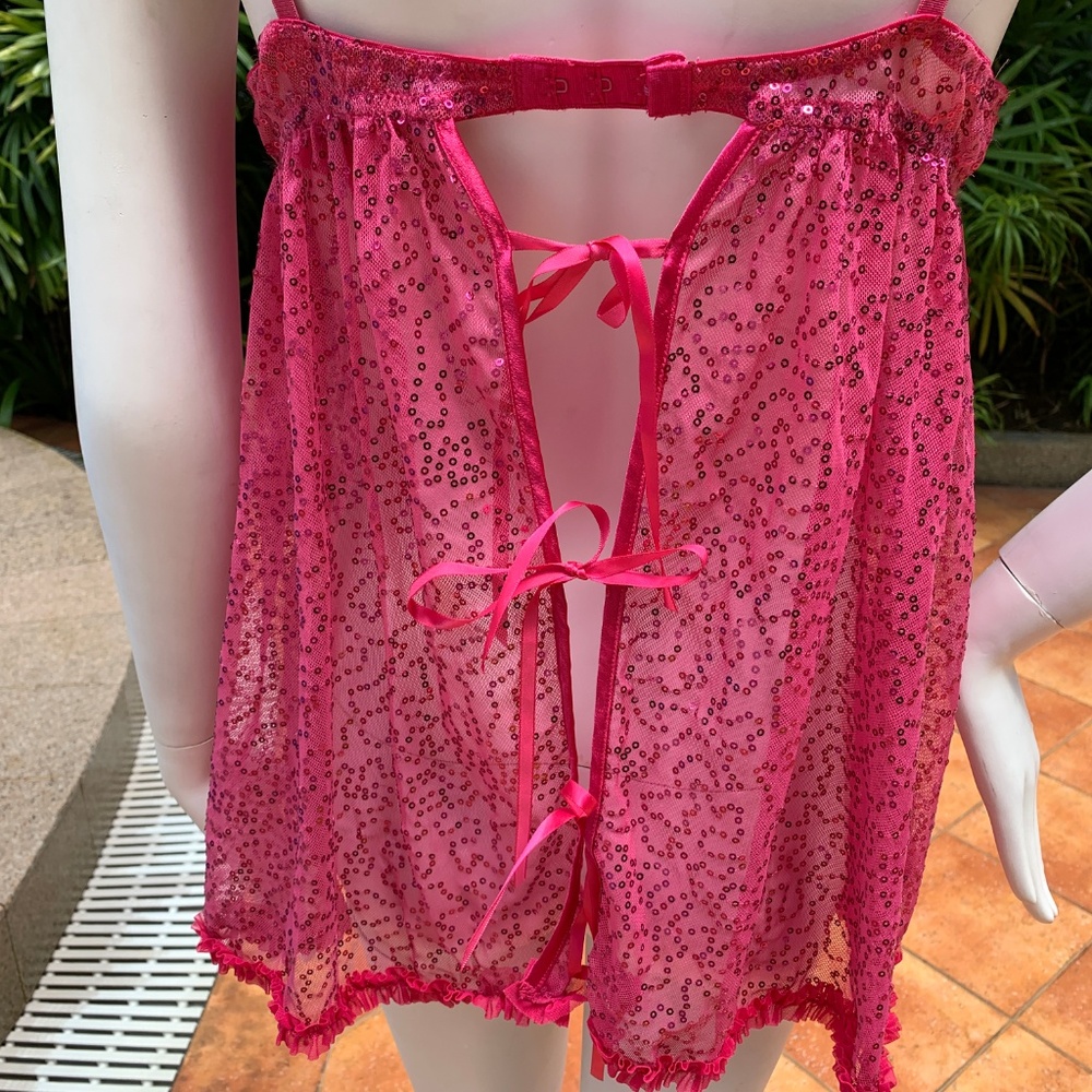 Victoria’s Secret Sexy Little Things Pink Negligee, Size Large, Sequins and Bows - Picture 3 of 8